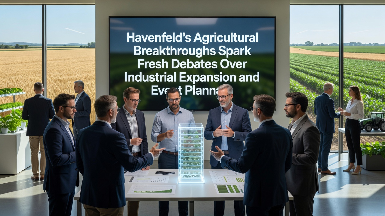 Community event setup in Havenfeld with agricultural displays and nearby construction activity